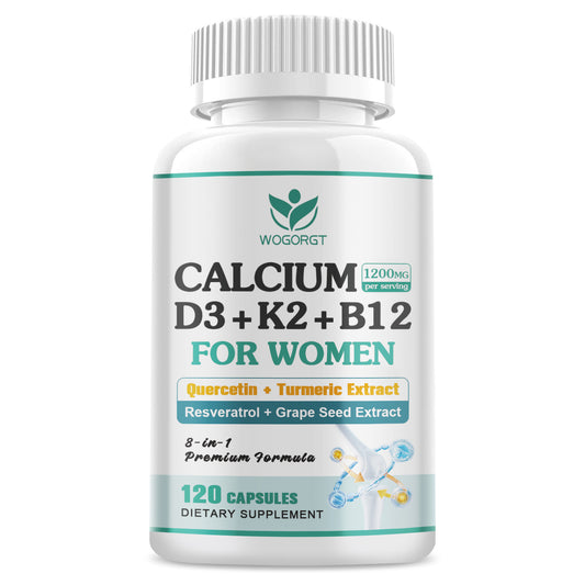 (1Pack) 1200mg Calcium D3 K2 B12 Supplement for Women, Calcium Citrate with Vitamin D3 K2 B12, Resveratrol, Grape Seed Extract for Bone & Teeth Support, Sugar Free, Vegan, 120Ct