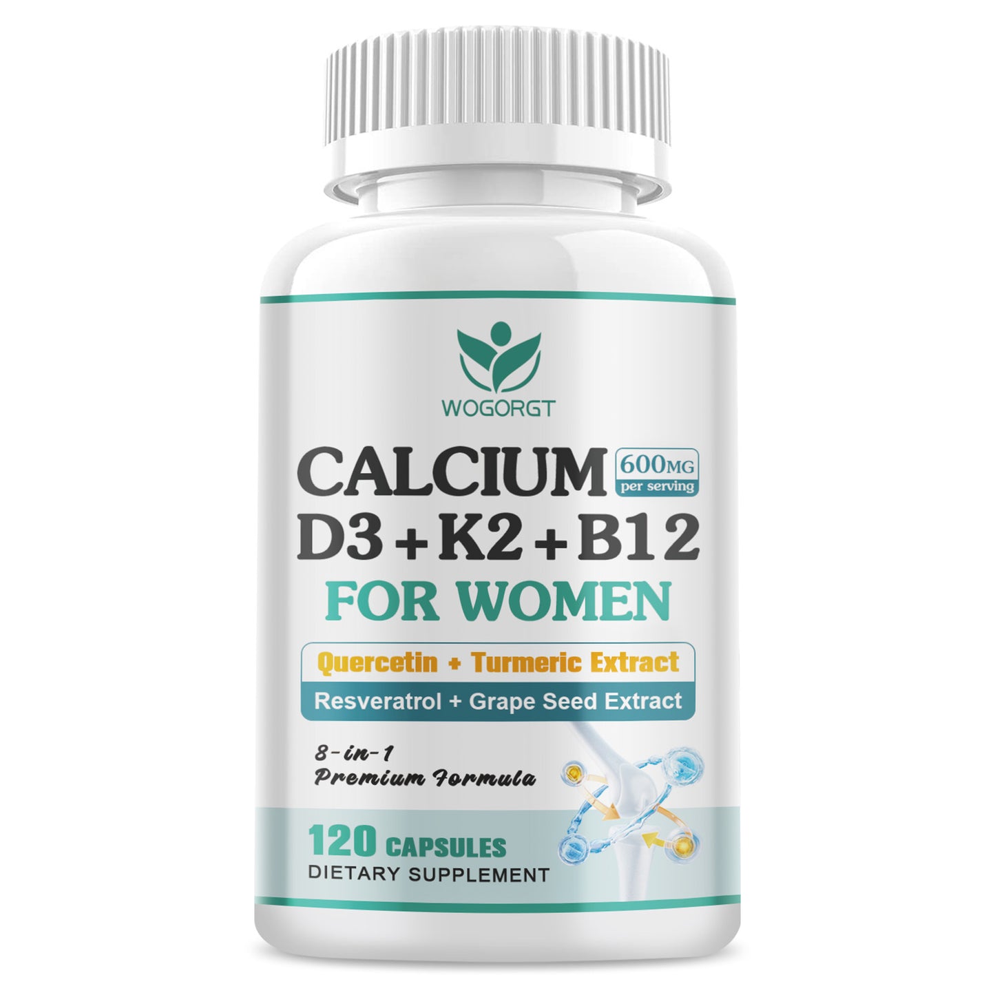 (1Pack) 600mg Calcium D3 K2 B12 Supplement for Women, Calcium Citrate with Vitamin D3 K2 B12, Resveratrol, Grape Seed Extract for Bone & Teeth Support, Sugar Free, Vegan, 120Ct