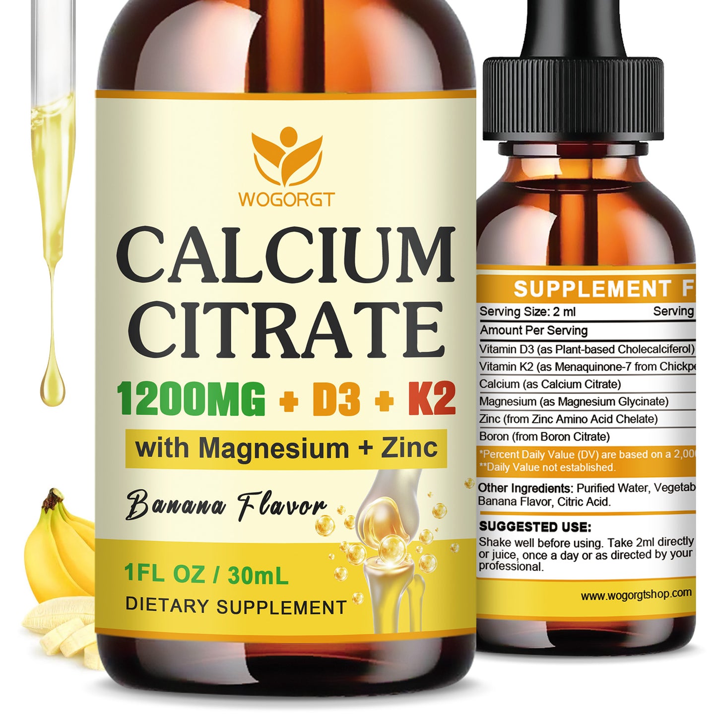 (2 Pack)Calcium Citrate 1200mg Liquid Supplement with Vitamin D3 for Women & Men - Calcium Magnesium Zinc D3 K2 Supplement for Bone, Teeth, Immune Support - Sugar Free, Vegan, Banana Flavor - 1 Fl Oz