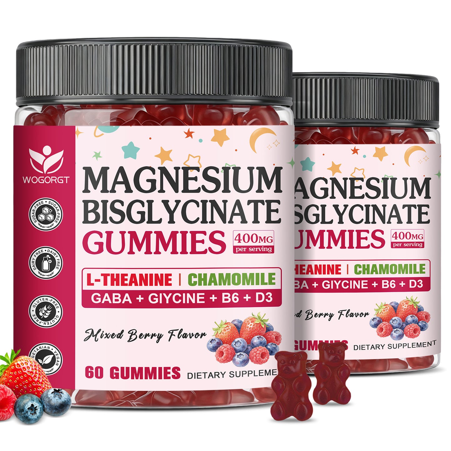 (2pack) Magnesium Bisglycinate Gummies 400mg, Magnesium Bisglycinate Chelated Supplement with L-theanine, GABA for Women & Men, Muscle, Focus Support, Mixed Berry Flavor, Sugar Free, 60 Ct
