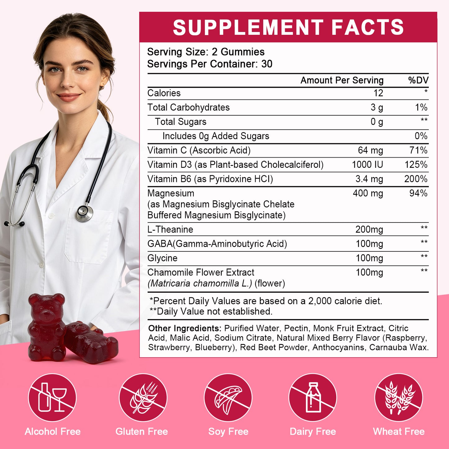 (1pack) Magnesium Bisglycinate Gummies 400mg, Magnesium Bisglycinate Chelated Supplement with L-theanine, GABA for Women & Men, Muscle, Focus Support, Mixed Berry Flavor, Sugar Free, 60 Ct