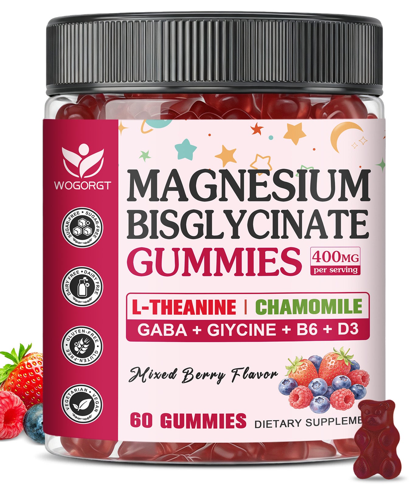 (1pack) Magnesium Bisglycinate Gummies 400mg, Magnesium Bisglycinate Chelated Supplement with L-theanine, GABA for Women & Men, Muscle, Focus Support, Mixed Berry Flavor, Sugar Free, 60 Ct