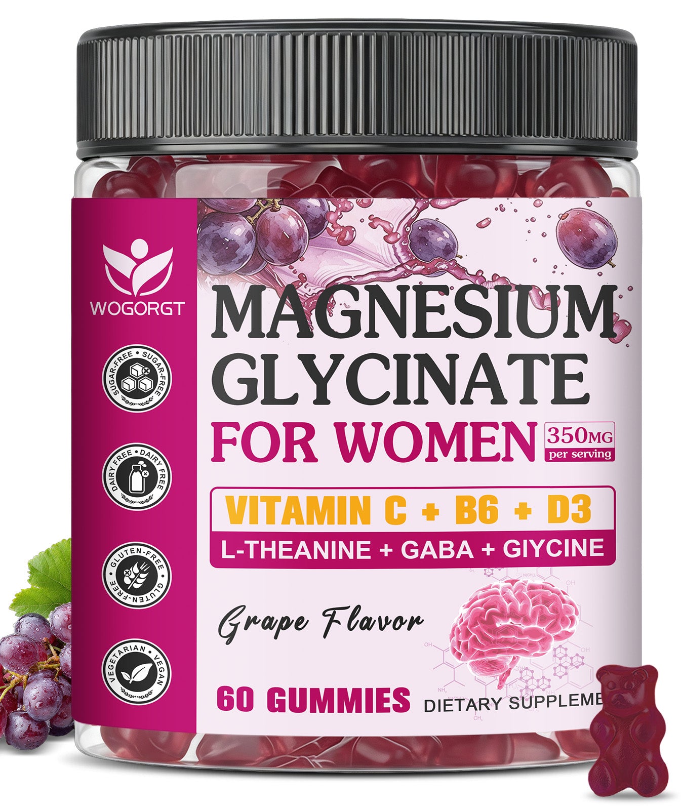 (1pack) Magnesium Glycinate Gummies for Women, Magnesium Glycinate 350 mg with L-theanine, GABA & Glycine, Magnesium Supplement for Women, Cognition Support, Sugar Free, Grape Flavor, 60 Ct