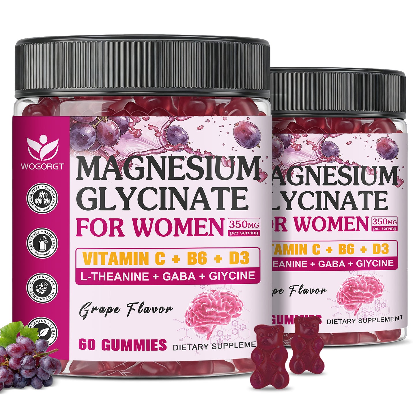 (2pack) Magnesium Glycinate Gummies for Women, Magnesium Glycinate 350 mg with L-theanine, GABA & Glycine, Magnesium Supplement for Women, Cognition Support, Sugar Free, Grape Flavor, 60 Ct