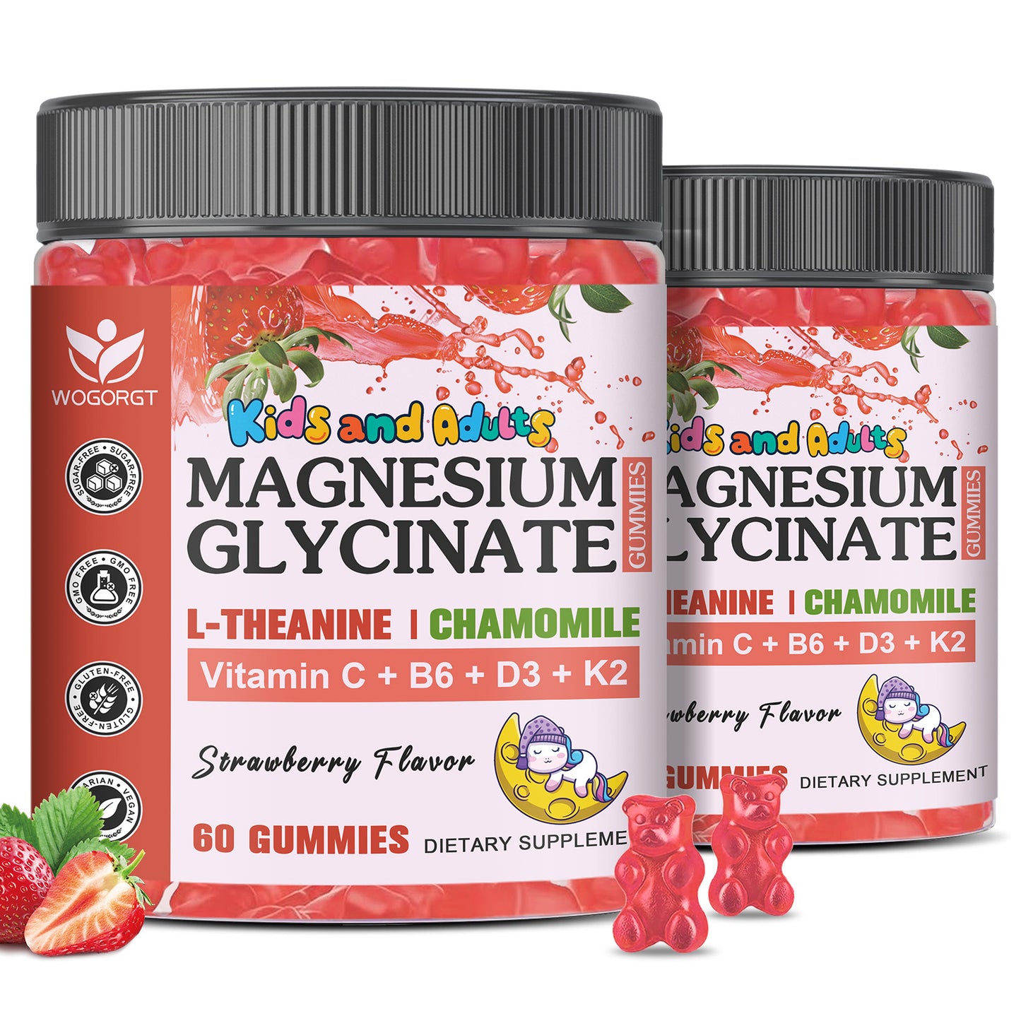 (2pack) Magnesium Glycinate Gummies for Kids & Adults - Relaxation & Cognition Support - 400/200mg Magnesium Supplement with L-Theanine, Chamomile, B6, D3 & K2 - Vegan, Sugar Free, Strawberry Flavor - 60 Gummies