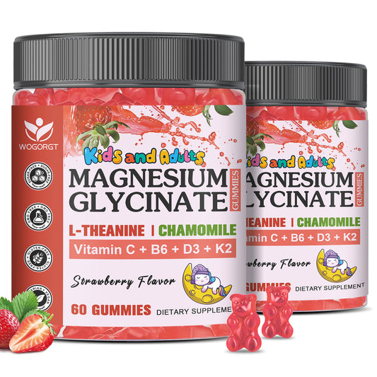 (2pack) Magnesium Glycinate Gummies for Kids & Adults - Relaxation & Cognition Support - 400/200mg Magnesium Supplement with L-Theanine, Chamomile, B6, D3 & K2 - Vegan, Sugar Free, Strawberry Flavor - 60 Gummies