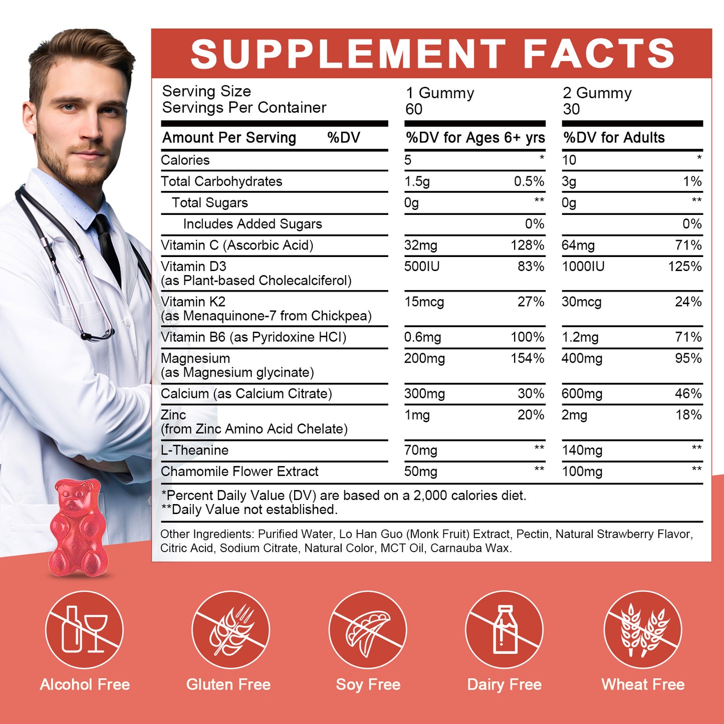 (2pack) Magnesium Glycinate Gummies for Kids & Adults - Relaxation & Cognition Support - 400/200mg Magnesium Supplement with L-Theanine, Chamomile, B6, D3 & K2 - Vegan, Sugar Free, Strawberry Flavor - 60 Gummies