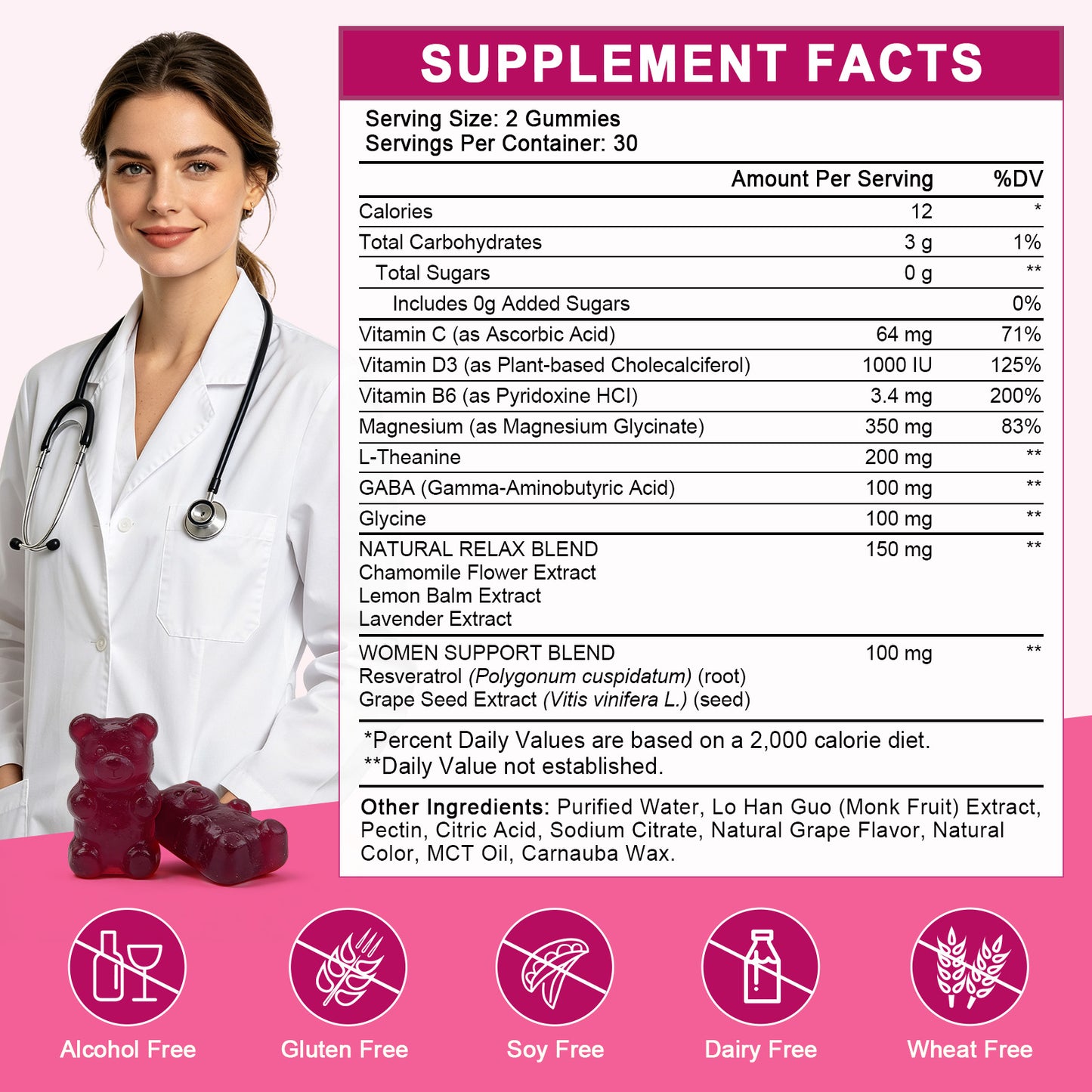 (1pack) Magnesium Glycinate Gummies for Women, Magnesium Glycinate 350 mg with L-theanine, GABA & Glycine, Magnesium Supplement for Women, Cognition Support, Sugar Free, Grape Flavor, 60 Ct