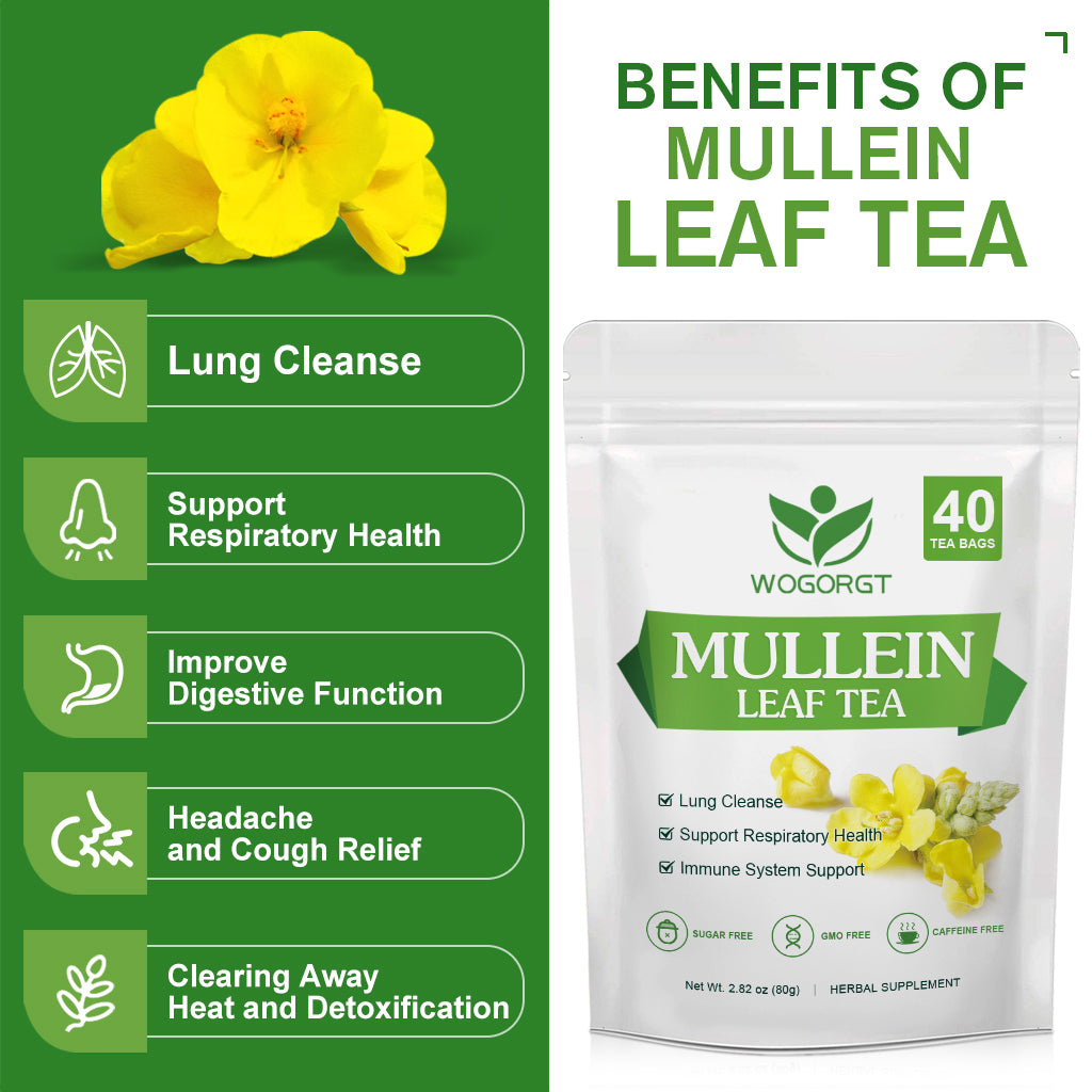 Mullein Tea Bags - Natural Mullein Leaf Tea for Lungs Cleanse and Respiratory Support, Caffeine Free - 40 Tea Bags