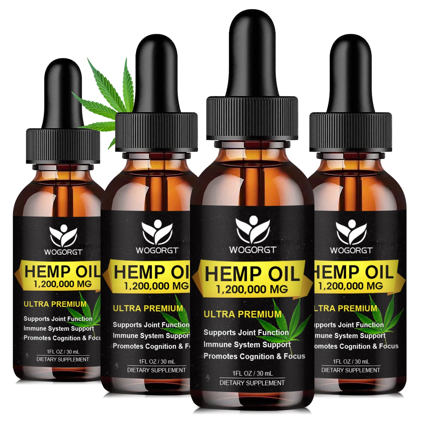 (4 Pack) Organic Hemp Oil - 100% Natural Hemp Oil Extract, Calming, Sleep, Relaxation, Immune Support, Rich in Omega 3, 6, 9 Fatty Acids, Vegan - 30mL