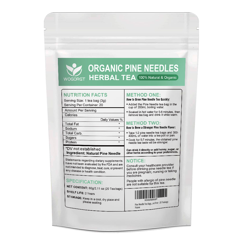 Pine Needle Tea Bags - Organic Dried Pine Needle Herbal Tea for Immune Support & Antioxidant, Caffeine Free, Natural Suramin - 20 Tea bags